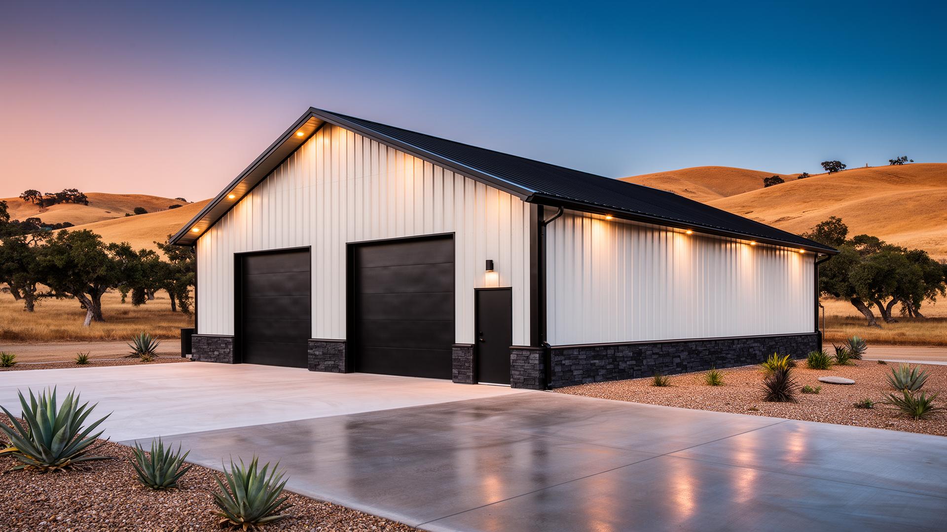 Steel building construction at sunset